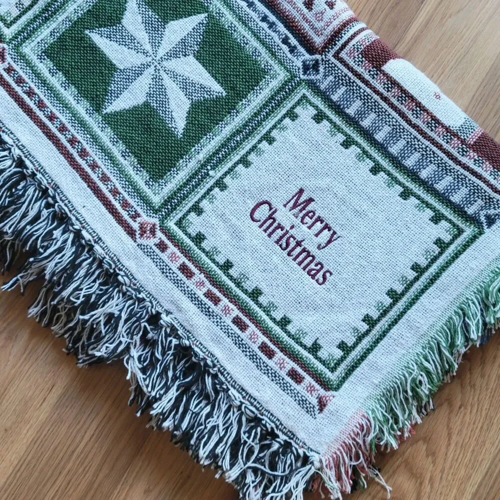 Christmas Afghan Woven Quilt Squares Throw Blanket 60” X 48” Handmade
